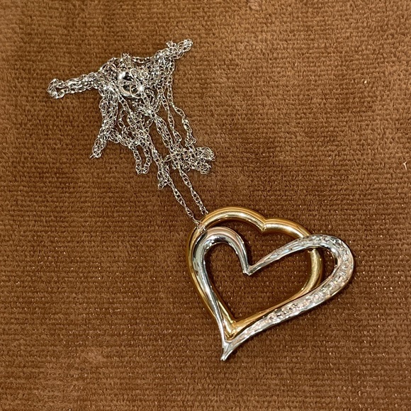 Solid 14K Yellow & White Gold Double 2 Two Hearts Pendant Neck Chain Necklace - Picture 7 of 13